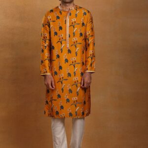 Mandarin Collar Floral Printed Straight Fit Raw Silk Kurta