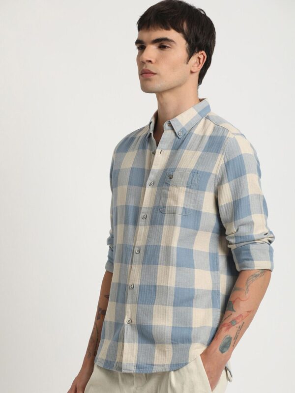 Men Windowpane Checked Slim Fit Cotton Linen Shirt - Image 3