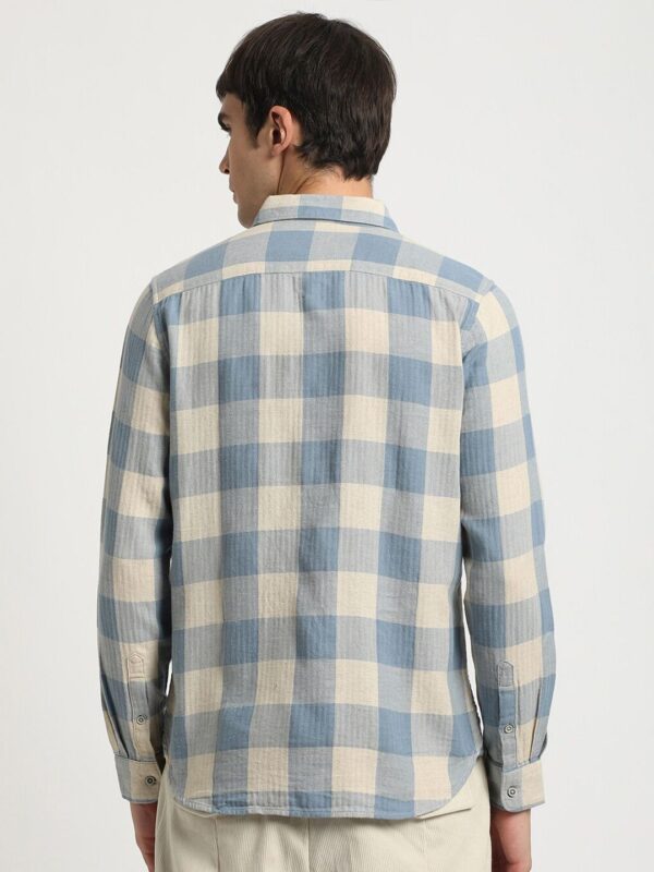 Men Windowpane Checked Slim Fit Cotton Linen Shirt - Image 4