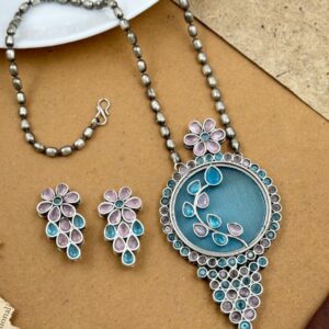 Silver-Plated Stone Studded Oxidised Jewellery Set