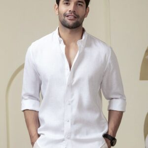 Perch Men White Linen Cotton Button Down Solid Shirt