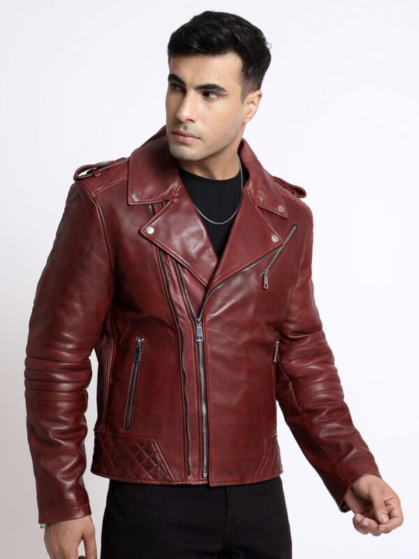 Lapel Collar Water Resistant Leather Biker Jacket - Image 3