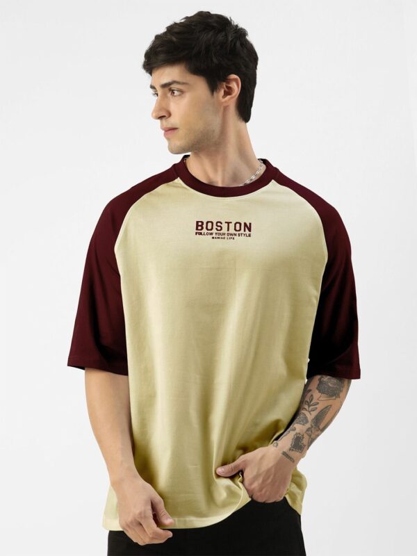 Colourblocked Round Neck Raglan Sleeves Oversized Cotton T-shirt - Image 3