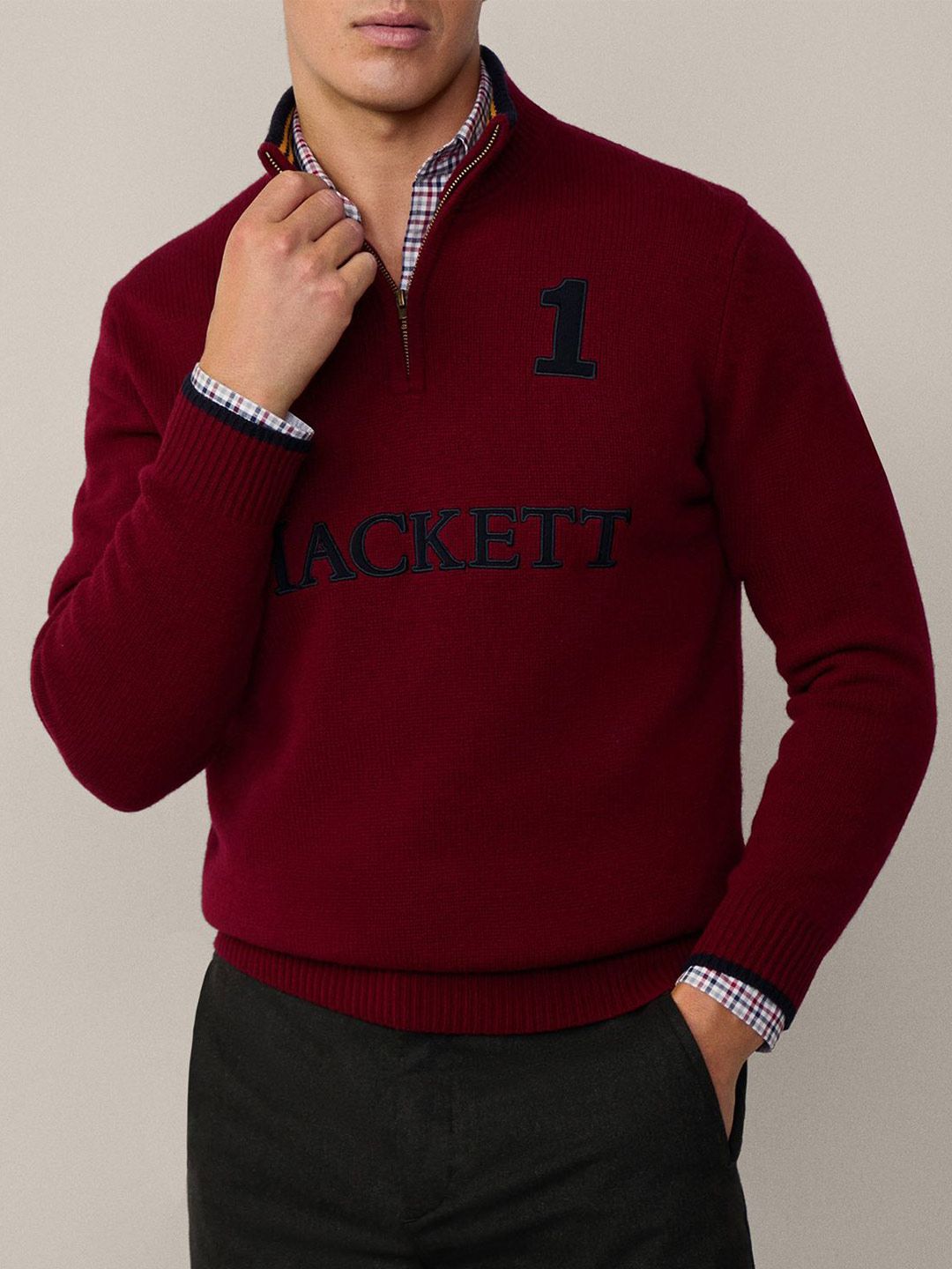 Men Typography Woollen Pullover with Zip Detail Detail