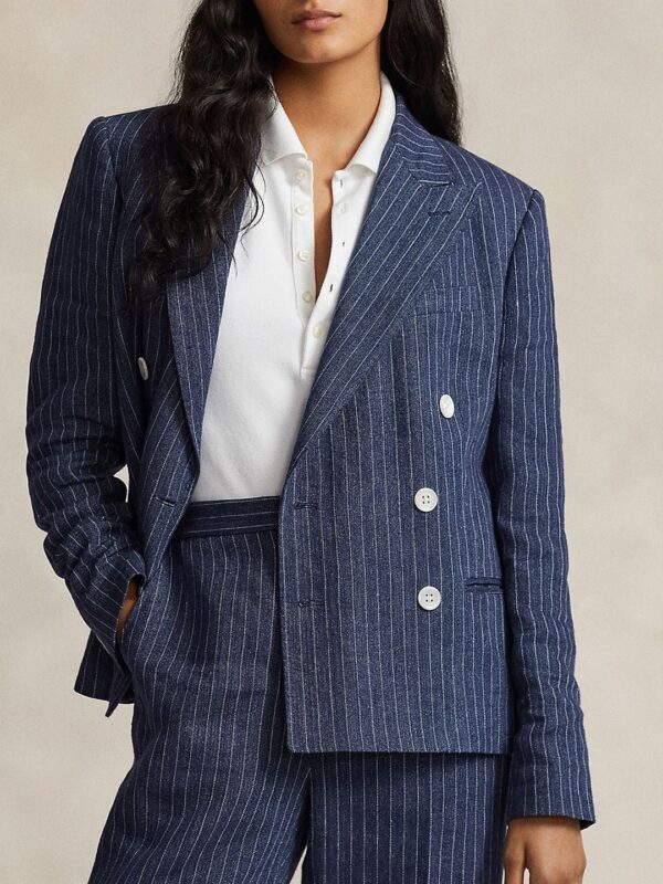 Striped Pure Linen Slim Fit Double Breasted Casual Blazer - Image 2