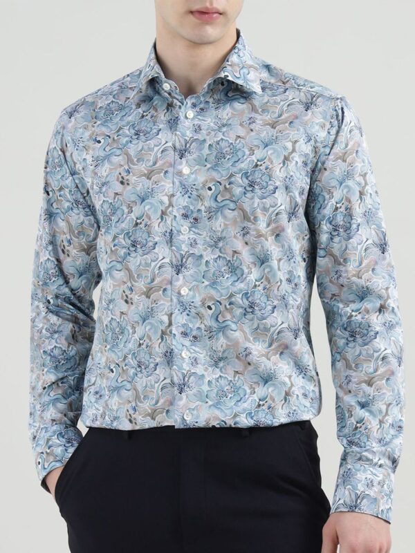 Men Spread Collar Floral Printed Cotton Formal Shirt
