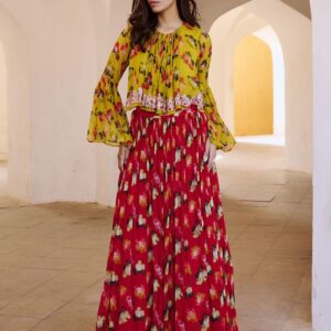 Gulbahar Bumble Bee Boho Floral Printed Round Neck Top With Skirt