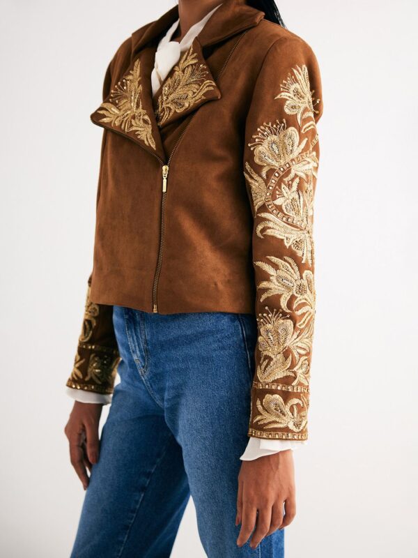 Women Floral Embroidered Suede Biker Jacket - Image 2