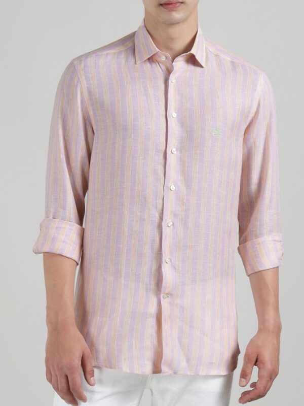 Men Slim Fit Multi Striped Spread Collar Linen Casual Shirt