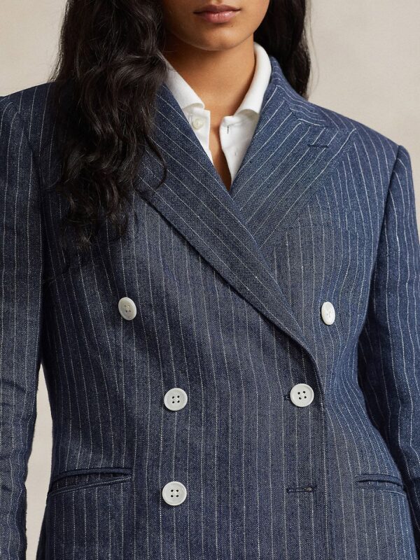 Striped Pure Linen Slim Fit Double Breasted Casual Blazer