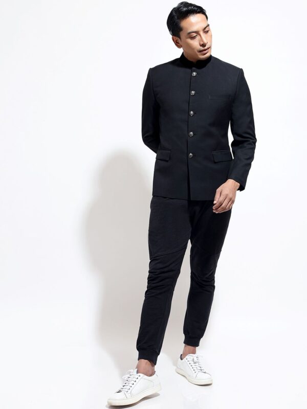 Slim-Fit Mandarin Collar Classic Bandhgala Velvet Party Blazer - Image 2