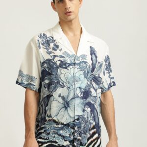 Men Cuban Collar Floral Printed Casual Shirt