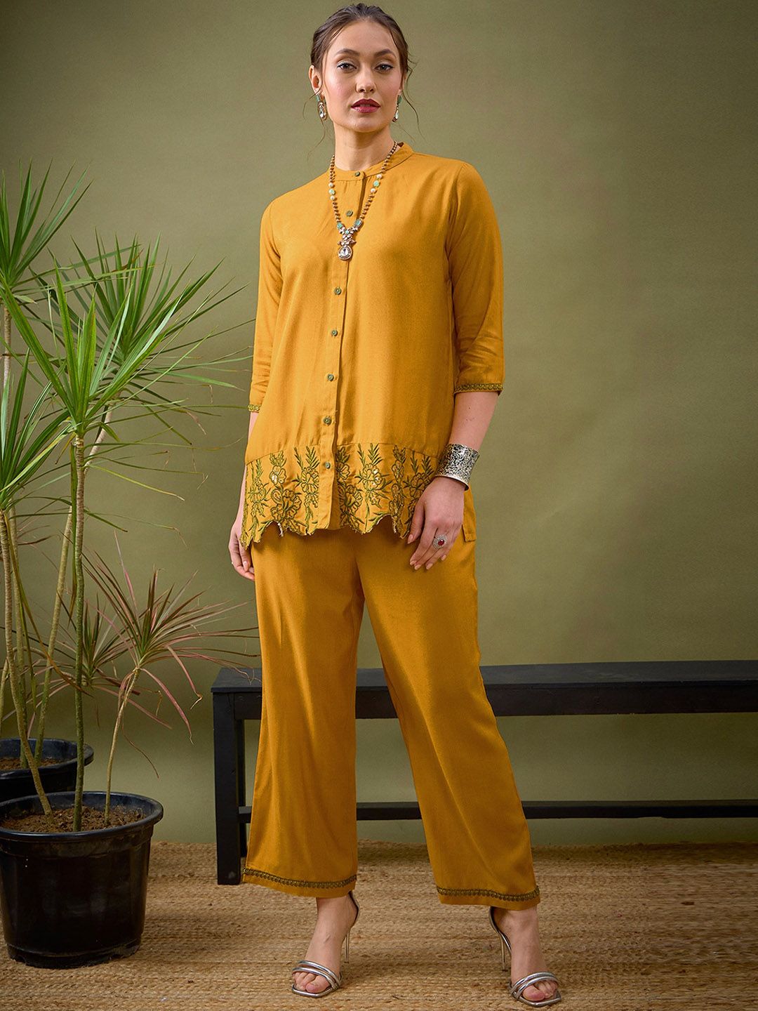 1912b1fa-d354-4334-80c5-77bceff310b11708677248392Co-Ords1.jpg Mustard Yellow Embroidered Shirt With Palazzos Co-Ords - Image 1